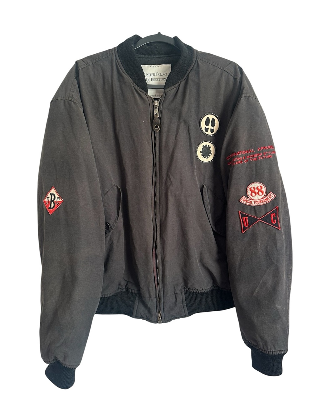 Vintage 80s 90s United Colors of Benetton Bomber Jacket Patch Varsity Gray large